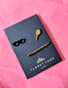 Coat Pin Combo- black specs, racquet, pen