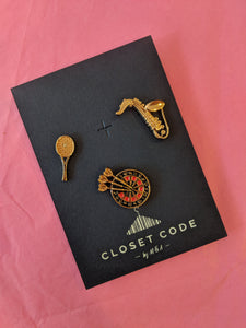 Coat Pin Combo- dartboard, saxophone, racquet