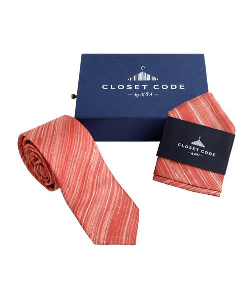 Peach Shimmer Pinstripes Tie and Pocket Square Gift Set